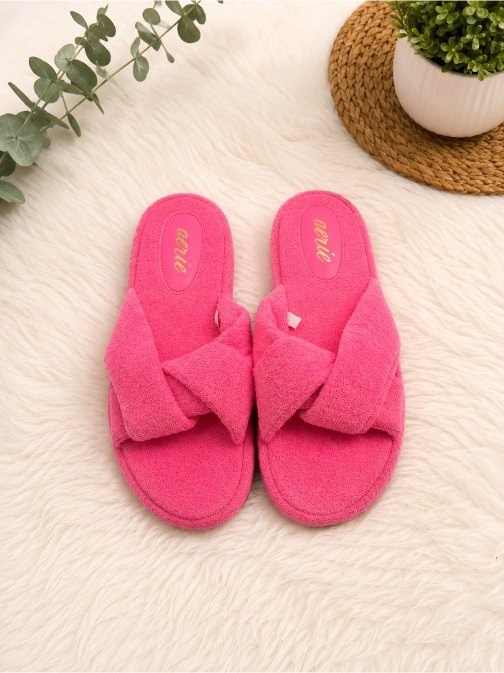 Cozy Pink Terry Knot Slide Slippers by aerie